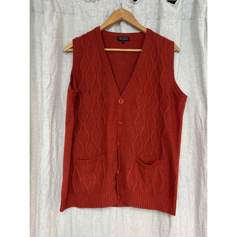 Tinkuy Peru Alpaca Wool Knit Sweater Vest Rust Orange Diamond Cable Button  L